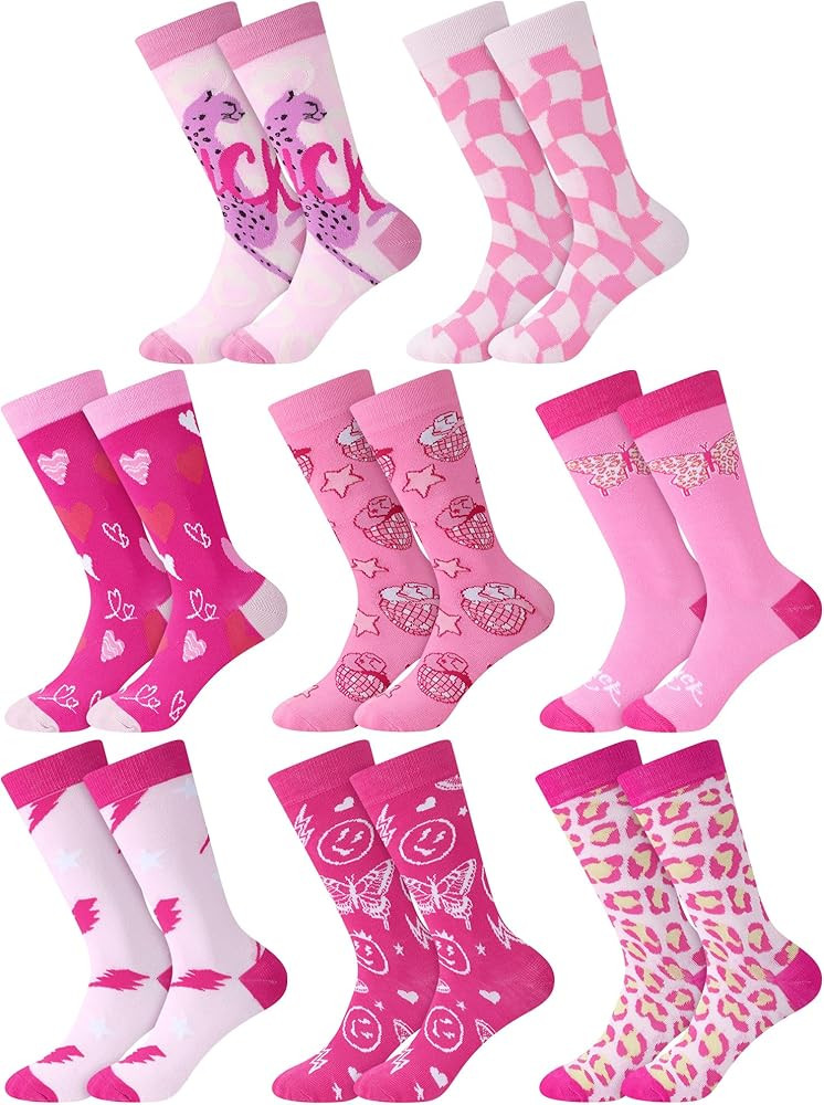 8 Pairs Hot Pink Preppy Socks for Women Aesthetic Heart Butterfly Smile Face Crew Socks Western C... | Amazon (US)