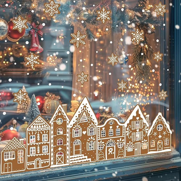 Whaline Christmas Gingerbread Window Cling Stickers Window Decals Brown Gingerbread House Snowfla... | Amazon (US)