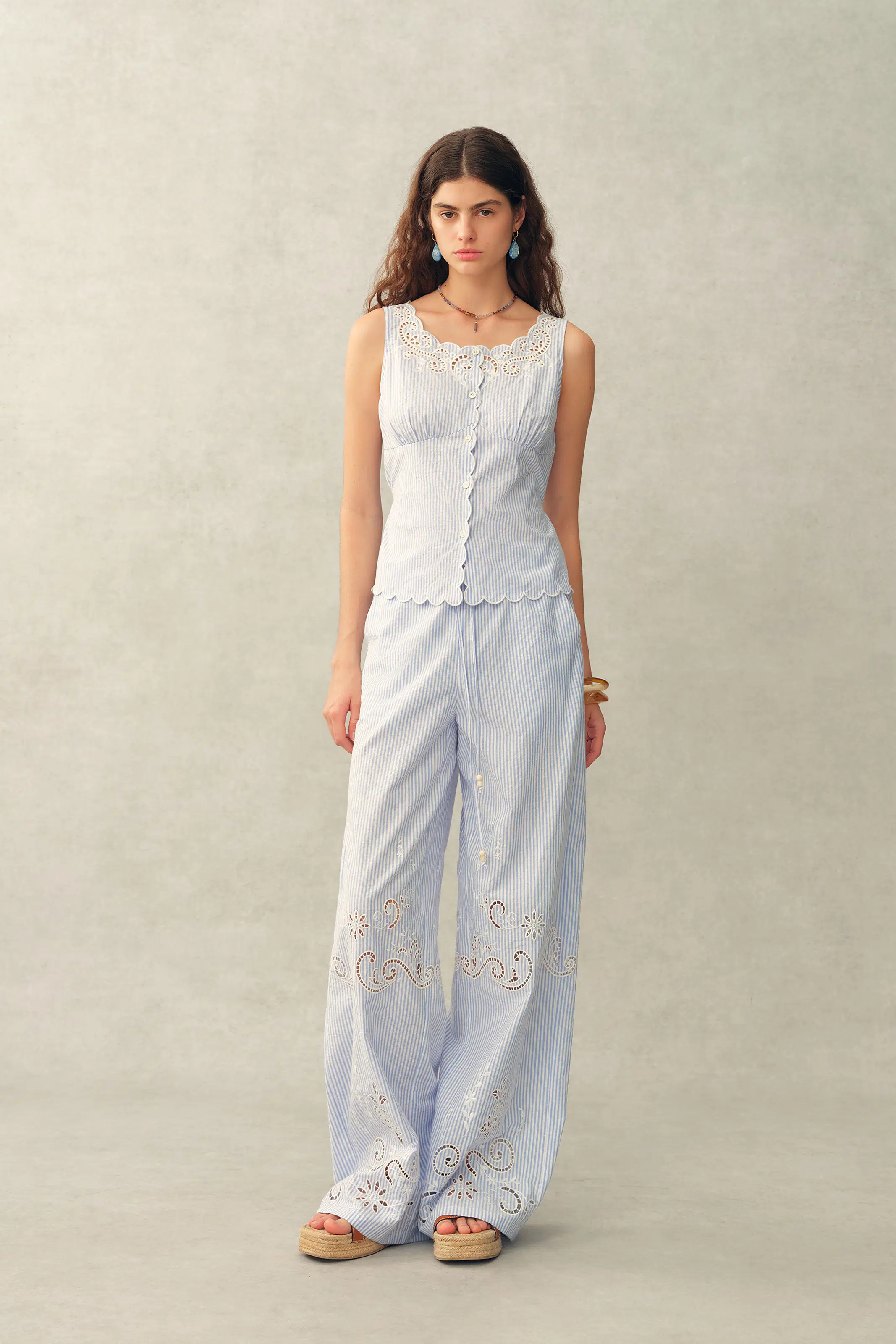 Lone Striped Embroidered Sleeveless Lace Trim Cami Top in Crinkled Cot | Fabrique