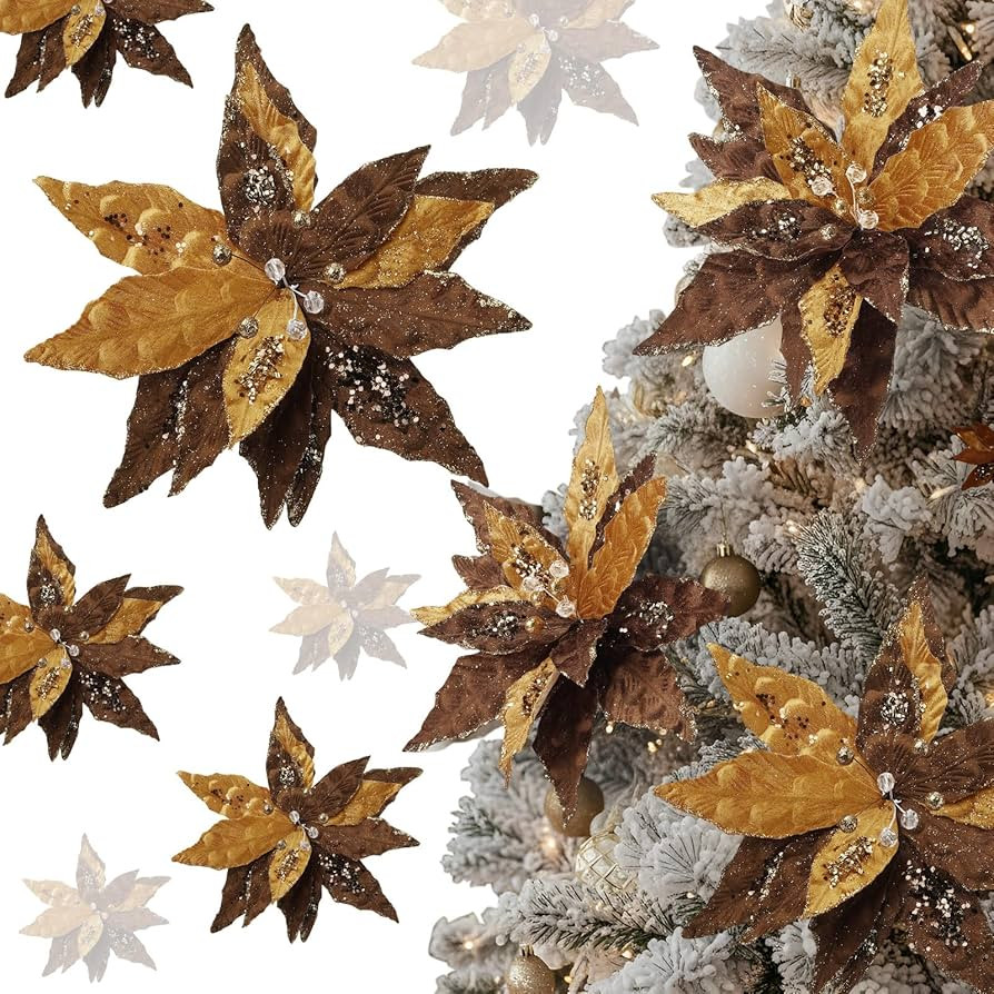 8 Pcs Velvet Christmas Glitter Poinsettia Flowers 12'' Large Heads Artificial Poinsettia Flower O... | Amazon (US)