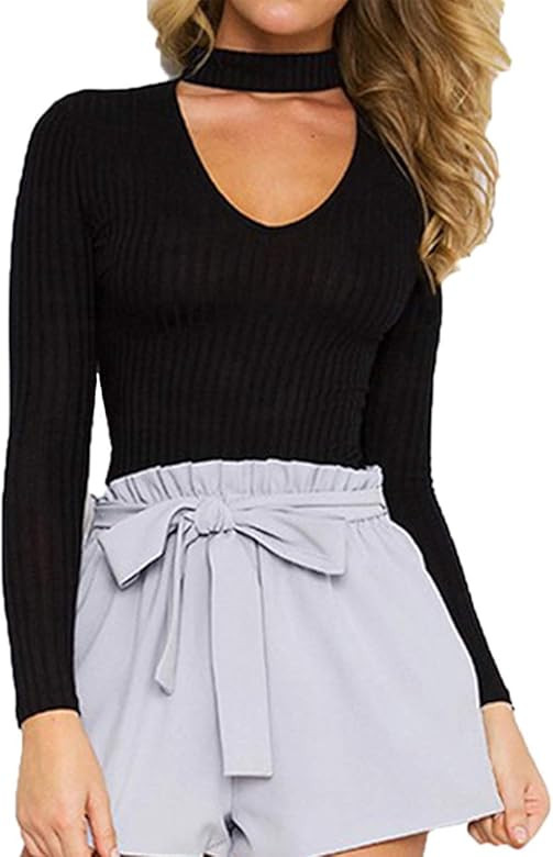 Women's Choker Long Sleeve Bodysuit Deep V Neck One Piece Party Leotard Romper | Amazon (US)