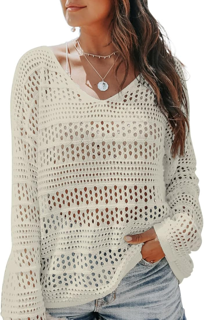 Women's Summer Crochet Hollow Out Blouse Shirts Casual Long Sleeve Beach Bikini Swimsuit Mesh Cover  | Amazon (US)