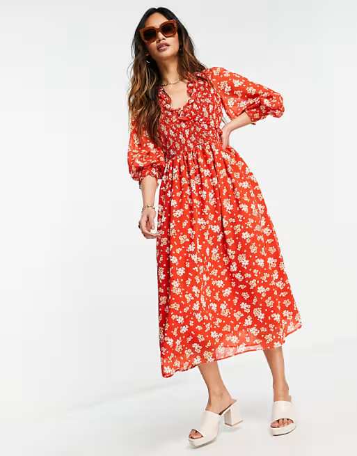 ASOS DESIGN midi smock dress with shirred cuffs in deep red floral print | ASOS (Global)