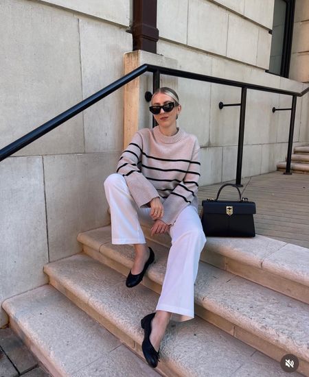 Striped knit jumper, trousers, ballet flats, leather bag, sunglasses

#LTKSeasonal #LTKeurope #LTKstyletip