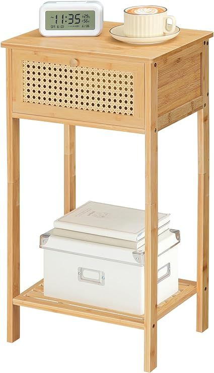 Bamboo Tall End Table, Side Table with Door Drawer, High Phone Table for Small Space, Sofa Table ... | Amazon (US)