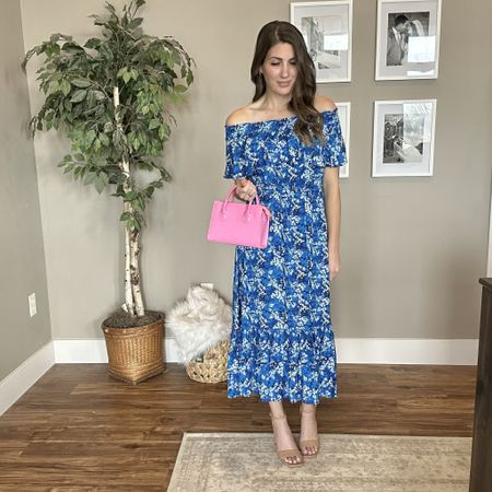 Blue floral off the shoulder dress - lovely dress for spring, Easter, summer, and weddings! 

#LTKfindsunder50 #LTKSeasonal #LTKwedding