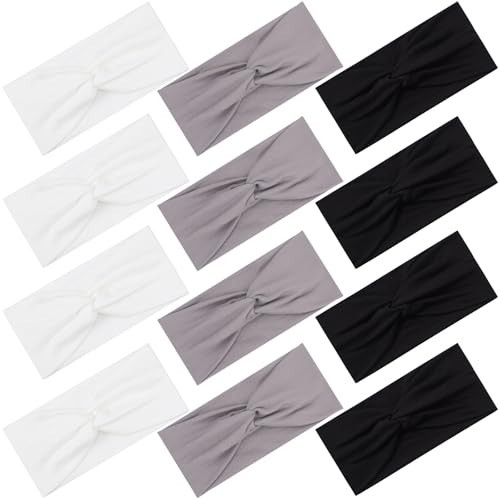 12 Pcs Stretchy Headbands for Women, Absorbed Sport Headband Soft Twist Knotted Hairbands for Daily Life Yoga Workout(Black/Grey/White) | Amazon (US)
