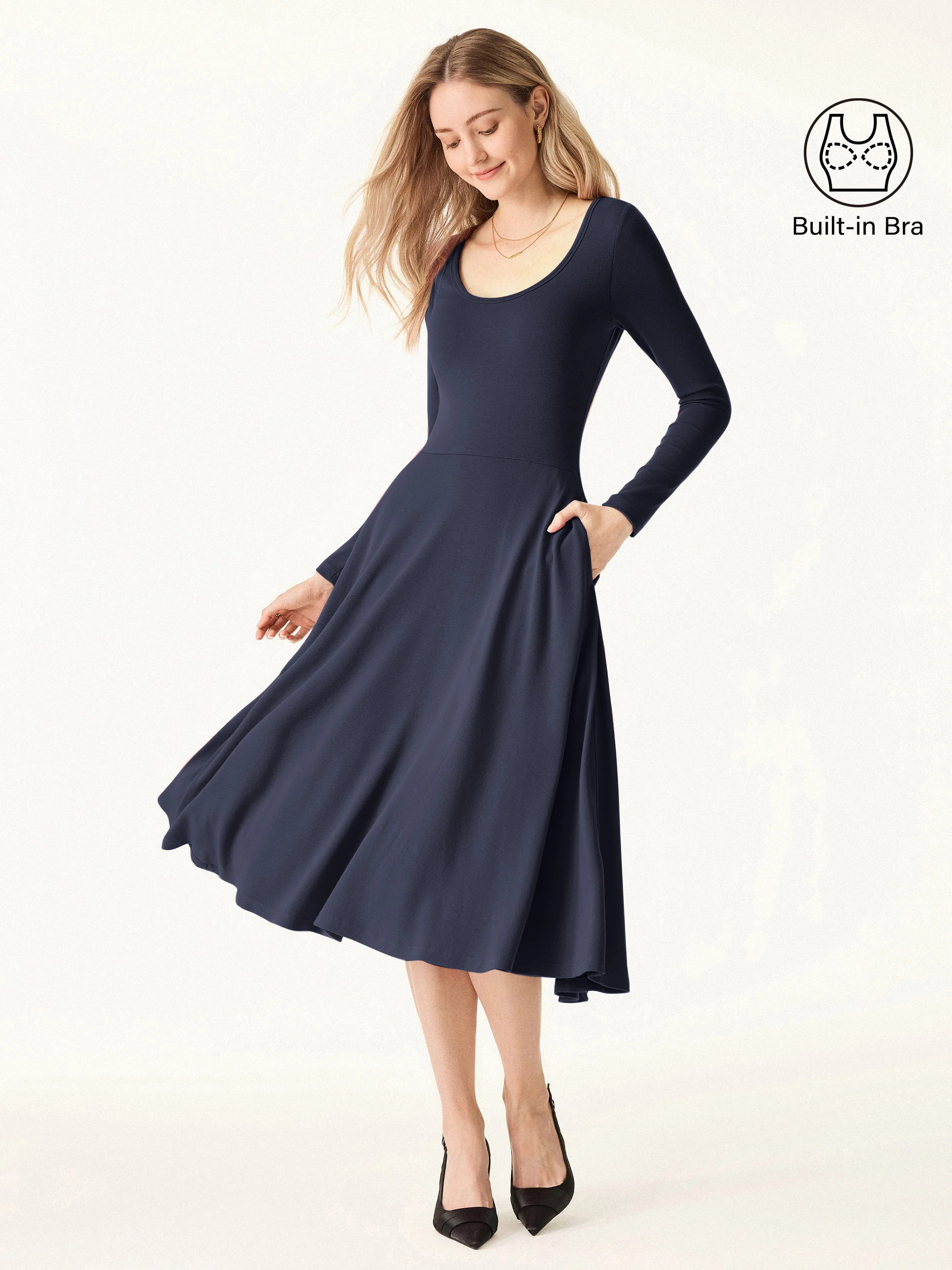 Essential Scoop Neck Long Sleeve Midi Brami Dress with Pockets | OGLmove