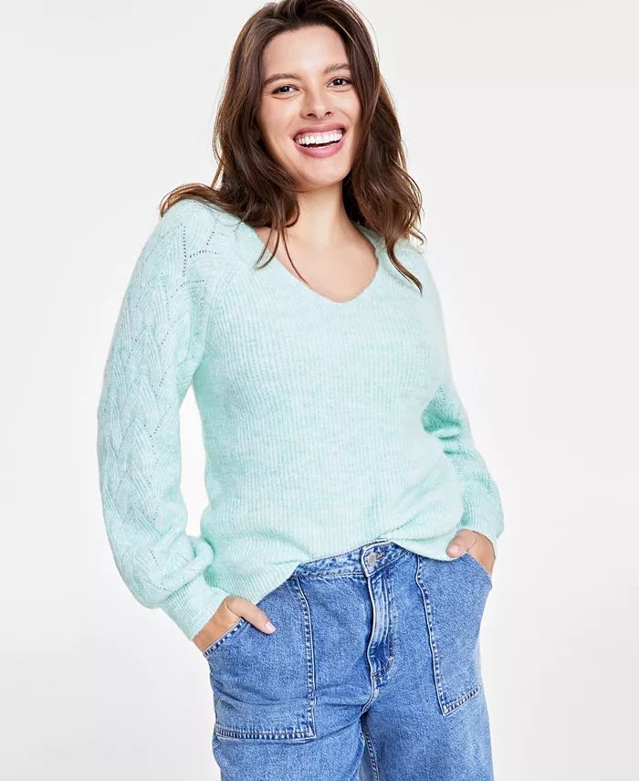 On 34th Women's V-Neck Pointelle-Sleeve Sweater, Created for Macy's - Macy's | Macy's