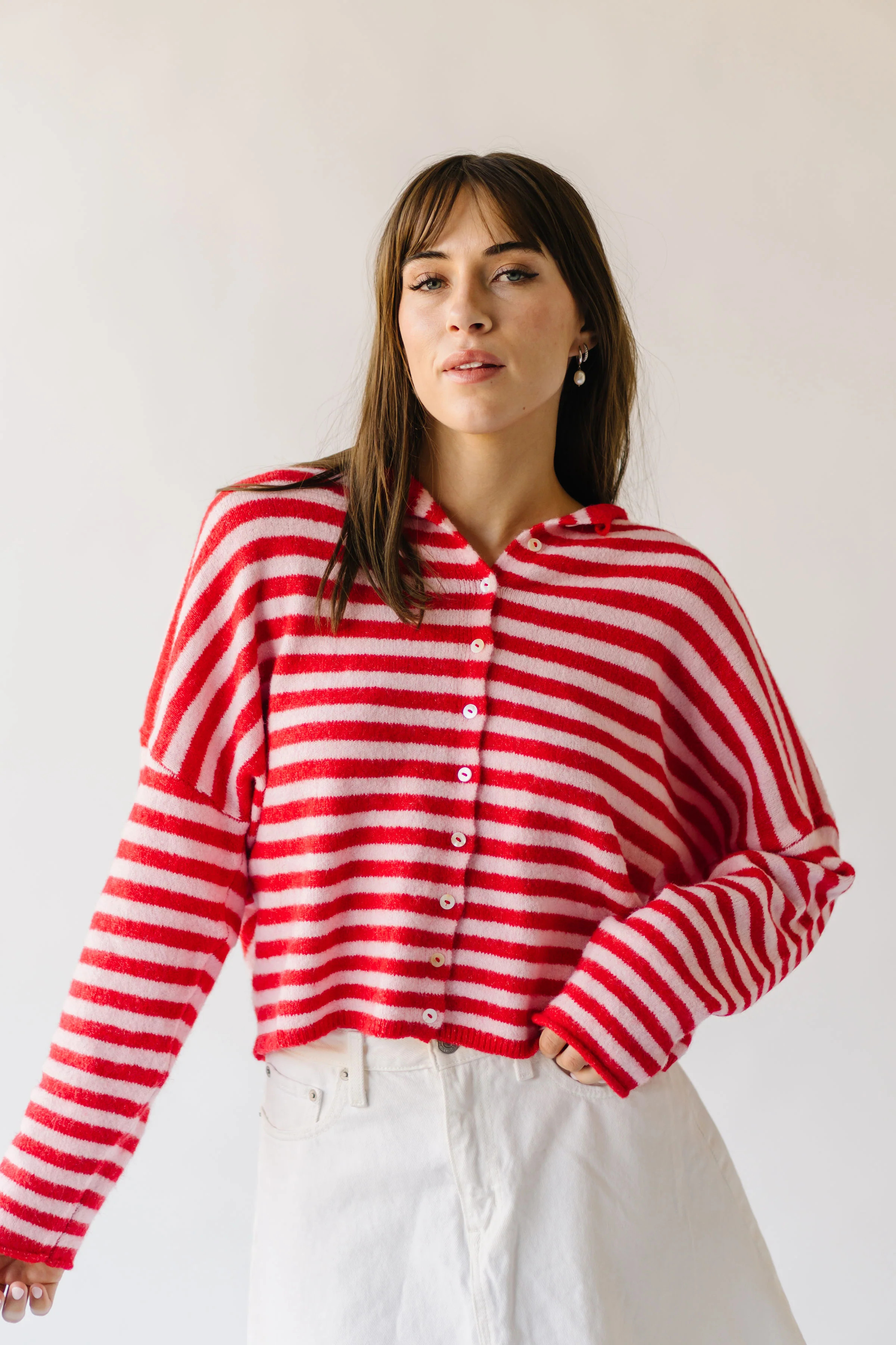 The Riggs Button-Down Sweater in Pink + Red Stripe Large | Piper & Scoot
