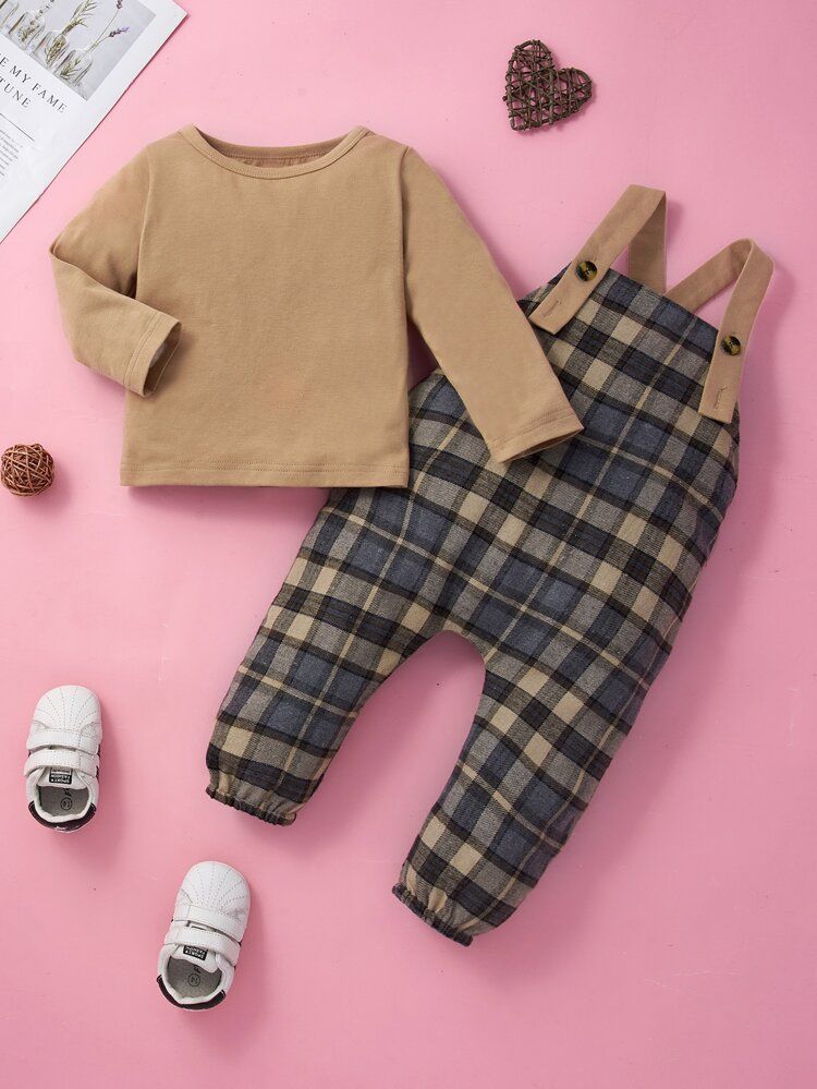 Baby Solid Tee & Plaid Print Overall Jumpsuit | SHEIN