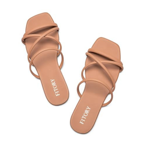 FITORY Women's Slide Sandals, Chic Cross-Strap & Comfy Flat shoes for Summer Camel Size 9 | Amazon (US)