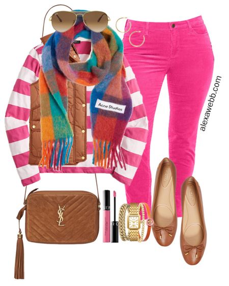 Plus size preppy fall outfit with hot pink corduroy jeggings, plaid scarf, puffer vest, and pink rugby shirt. Plus size preppy, plussize preppy, fall preppy, Alexa Webb, cognac flats, ballet flats, plus size pink pants, plus size pink jeans 

#LTKitbag #LTKcurves #LTKSeasonal
