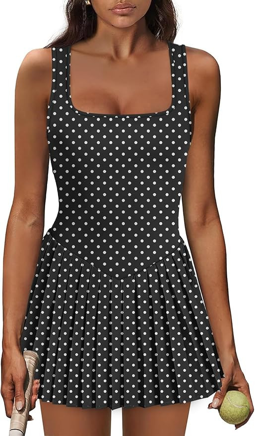 Athletic Dress for Women Built in Shorts U Neck Womens Tennis Dress Pleated with Pockets Sleevele... | Amazon (US)