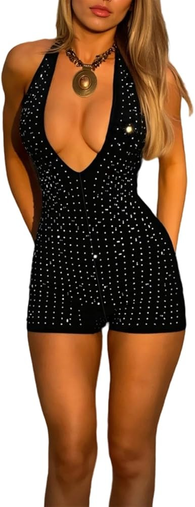 ECHOINE Women V Neck Sleeveless Romper Sequin Backless Shorts Jumpsuit Clubwear S-L | Amazon (US)