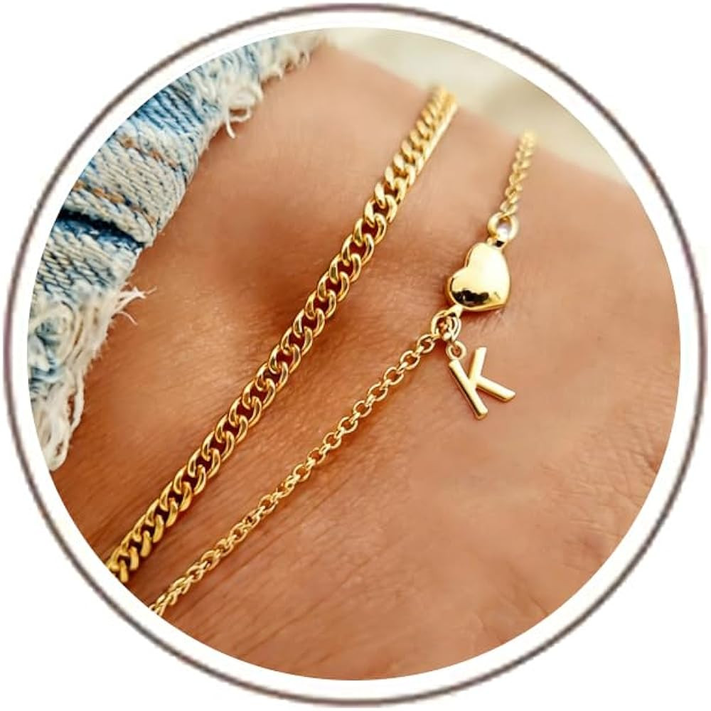 Waterproof Initial Ankle Bracelets for Women 14K Gold Plated Dainty Layered Letter A-Z Pendant Heart Chain Ankle Bracelets Non Tarnish Summer Jewelry for Women | Amazon (US)