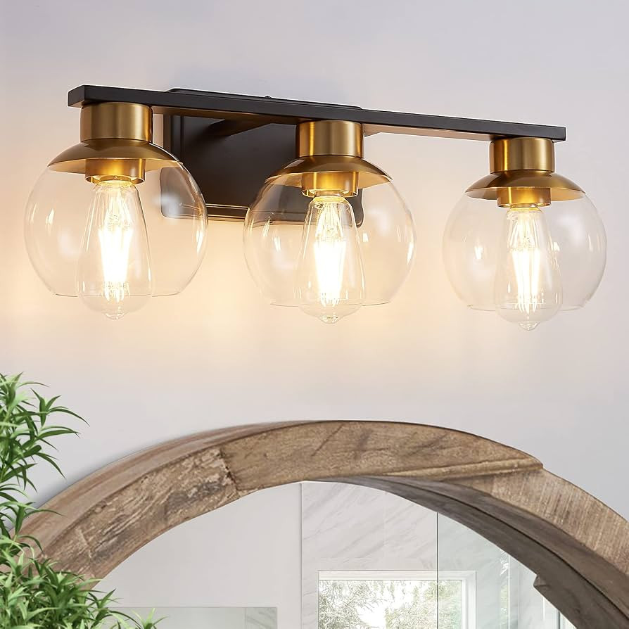PAZALA 3 Light Black and Gold Vanity Lights for Bathroom Light Fixtures Over Mirror 22 in Globe G... | Amazon (US)