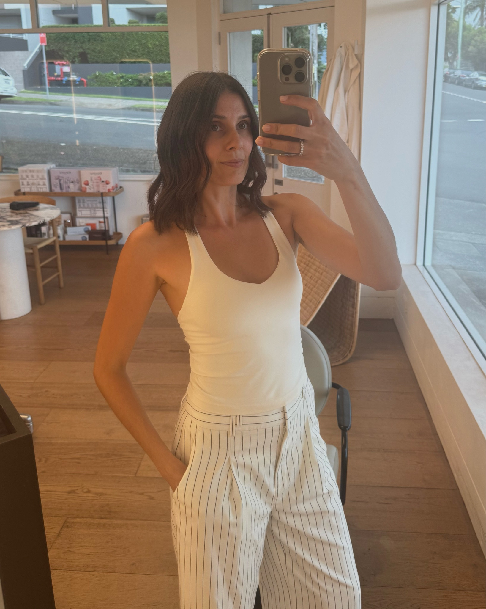 What I wore to my hair appointment the other day. A simple tank and trouser combo. Tank is from Lorna Jane- I love this tank so much. I wear it both to the gym and casually. It’s so flattering. Pants are from Saba - I am wearing a size small in both top and pants. Oversized shirt is Dissh x 