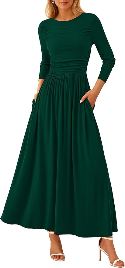 PRETTYGARDEN Women's 2025 Fashion Trendy Fall Long Sleeve Dresses Ruched Flowy Elegant Modest Boh... | Amazon (US)