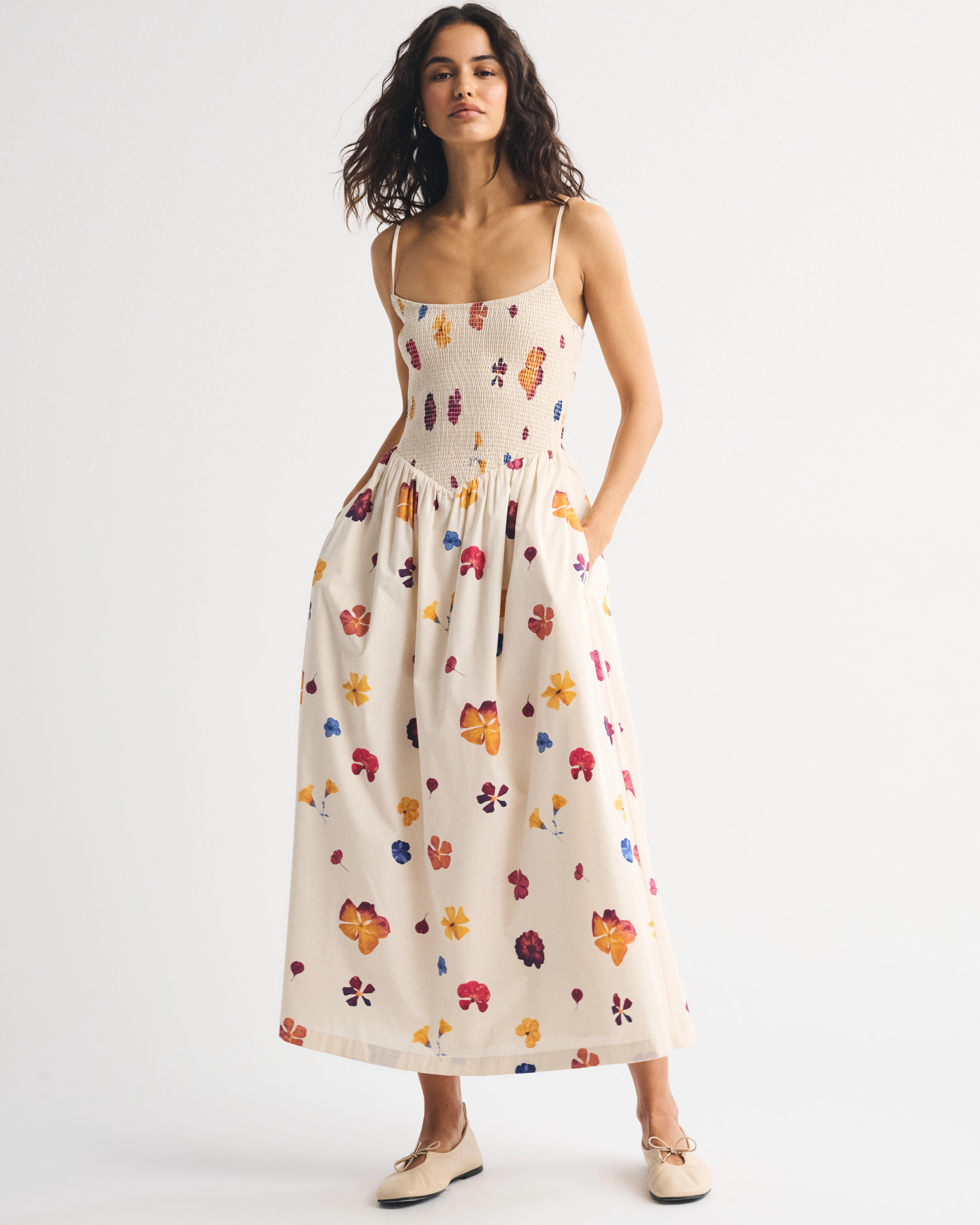 A&F Sydney Smocked Dipped-Waist Midi Dress | Abercrombie & Fitch (US)