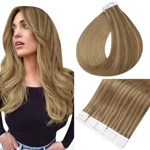 Full Shine Tape in Hair Extensions Invisible Tape in Hair Extensions Human Hair Color 10 Fading to 16 Golden Blonde Highlight 16 Double Sided Tape in 50 Grams Skin Weft Hair 20 Pcs 20 Inch | Amazon (US)