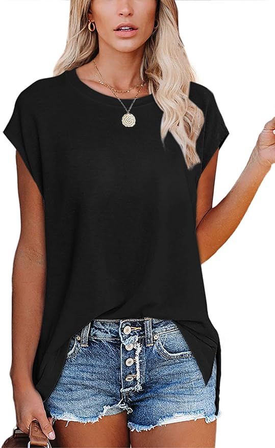 SAMPEEL Women's Short Sleeve Crew Neck Basic T Shirts Side Slit Tops | Amazon (US)