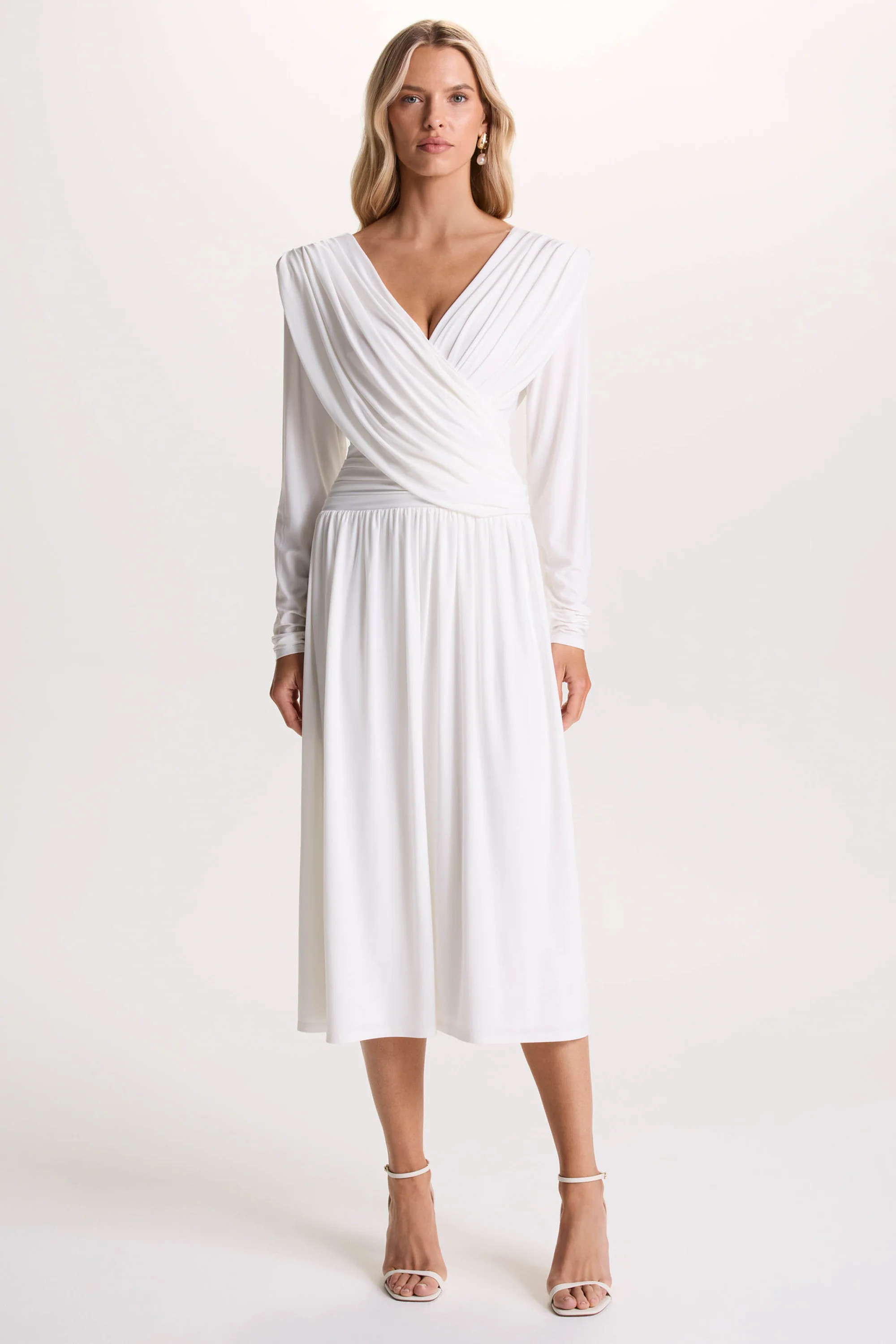 Alexis  Cream Plunge-Neck Midi Dress With Draped And Ruched Detailing | Club L London