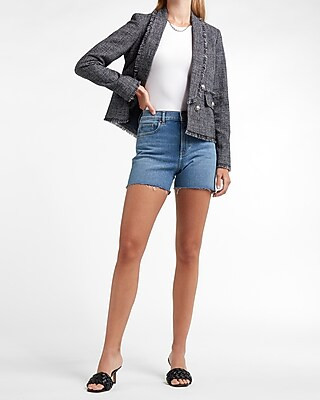Double Breasted Frayed Trim Tweed Blazer | Express