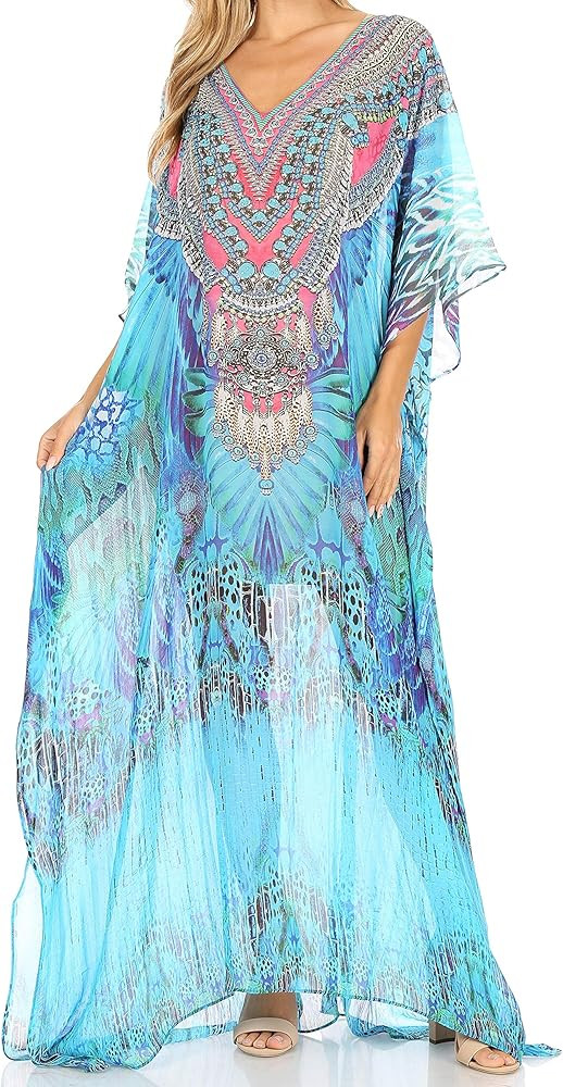 Sakkas Wilder Printed Design Long Sheer Rhinestone Caftan Dress/Cover Up | Amazon (US)