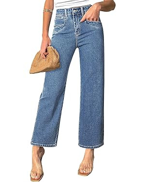 Sidefeel Women's Straight Leg Jeans High Waisted Petite Stretchy Jeans Zimbaplatinum Wide Leg Ank... | Amazon (US)
