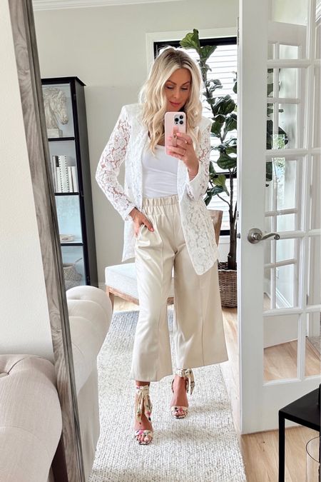 These statement heels are on SALE for $56! TTS. 
My go to tank is under $17!
Faux leather, crop wide leg pants are comfy and very on trend  Wearing a small in all. 

Sandals. Summer trend. Summer outfits. Blazers. Work outfit. Trending  

#LTKshoecrush #LTKunder100 #LTKsalealert