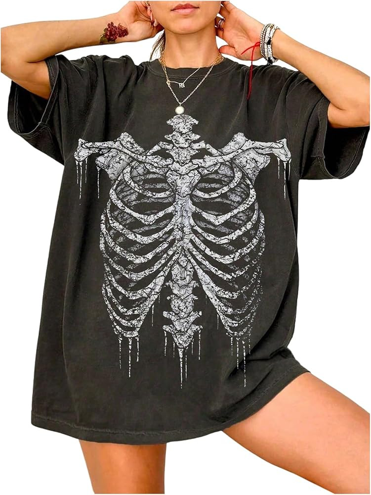 Women's Skeleton Graphic Tees Gothic Short Sleeve Oversized T Shirt Crewneck Vintage Summer Grung... | Amazon (US)