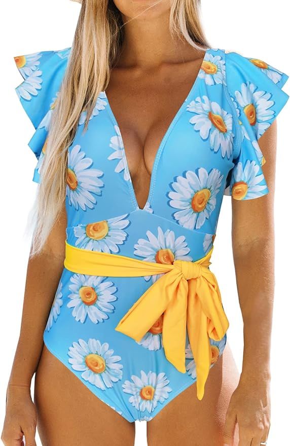 Binlowis Deep V Neck Flounce One Piece Swimsuit Ladies Floral Print Plunging Beachwear Bathing Suit | Amazon (US)
