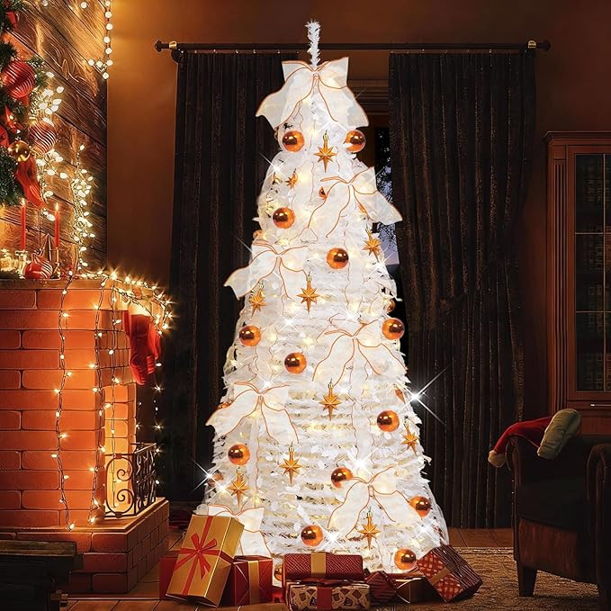 6FT White Pop Up Christmas Tree with Lights, Prelit Artificial Christmas Tree with Gold Ornaments... | Amazon (US)