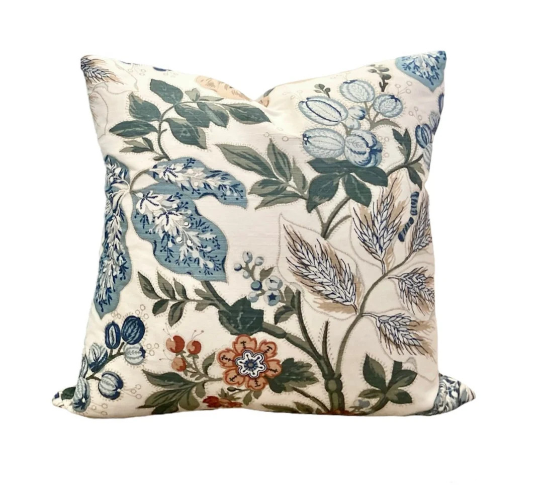 Bennison, Wheat Flower in Green Blue Brown on Oyster backing, Designer Floral Pillow Cover | Etsy (US)