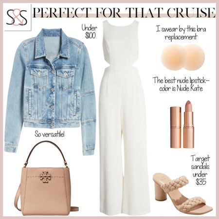 Denim jacket from Nordstrom with white jumpsuit and Tory Burch bag are great for spring break travel vacation wear by sunsetsandstilettos

#LTKstyletip #LTKFind #LTKU