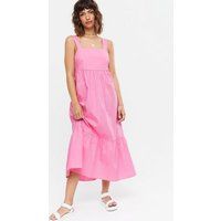 Bright Pink Washed Poplin Tiered Midi Dress New Look | New Look (UK)