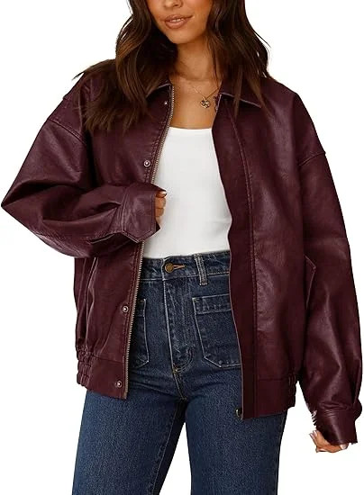 PRETTYGARDEN Women's Faux Leather Motorcycle Jacket Trendy Fall Spring Clothes Oversized Zip Up W... | Walmart (US)