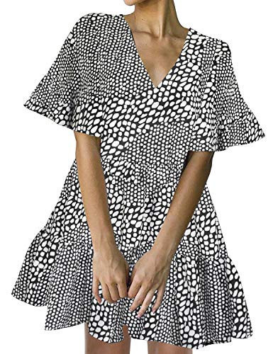 FANCYINN Women Summer Shift Dress with Pockets Bell Sleeve Ruffle Hem V Neck Loose Swing Tunic Mini Dress White & Black Floral L | Amazon (US)