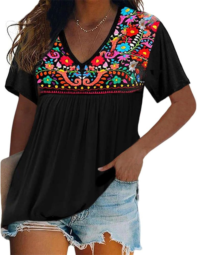 Melliflo Womens Short Sleeve Mexican Shirts Pleated Front Floral Embroidered Tee Shirt Loose Peas... | Amazon (US)