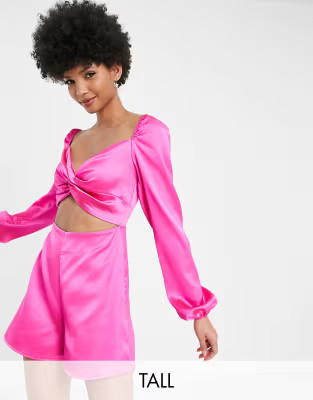 First Distraction the label Tall satin romper with twist front and cut out in cerise | ASOS (Global)