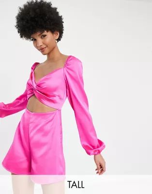 First Distraction the label Tall satin romper with twist front and cut out in cerise | ASOS (Global)