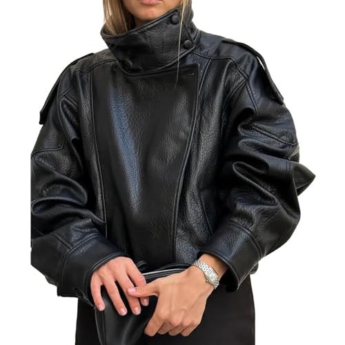Molilove Women's Leather Jacket Casual Fall Zip Up Jacket Racer Varsity Jackets Biker Motor Coat Outwear | Amazon (US)