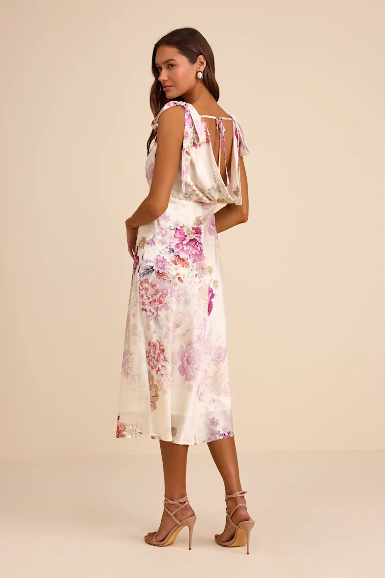 Zoella Ivory Floral Satin Tie-Strap Midi Dress | Lulus
