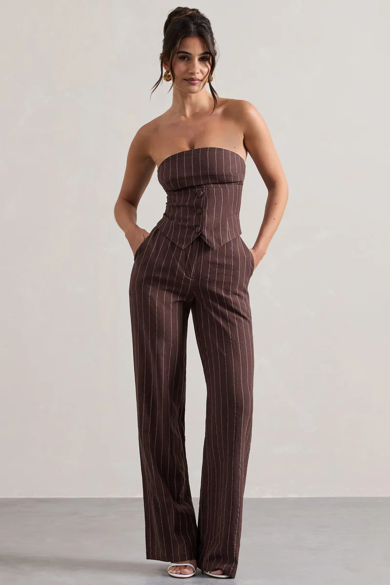 Missed Out | Chocolate Brown Pinstripe Wide-Leg Trousers | Club L London