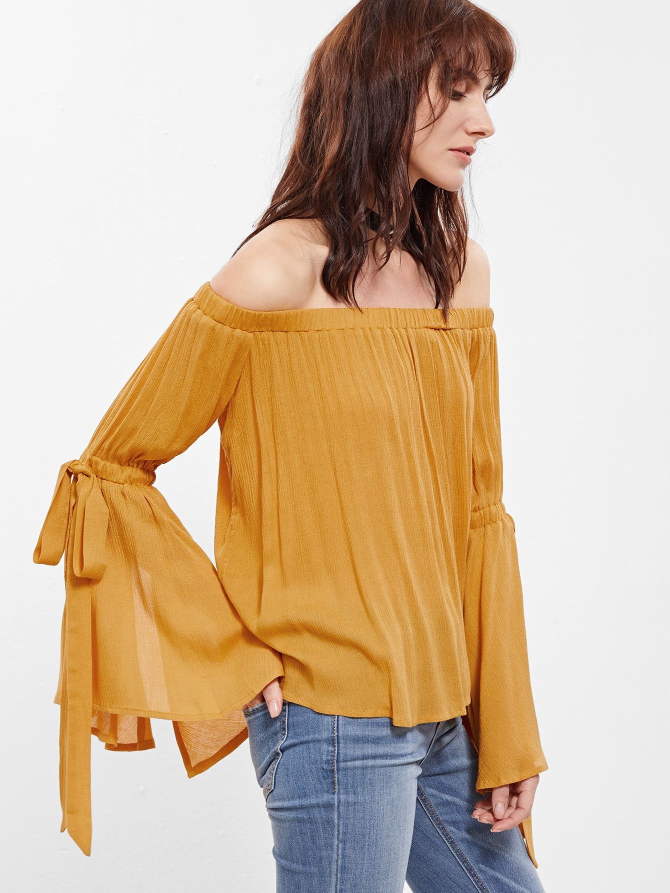 Yellow Belted Bell Sleeve Off The Shoulder Top | SHEIN
