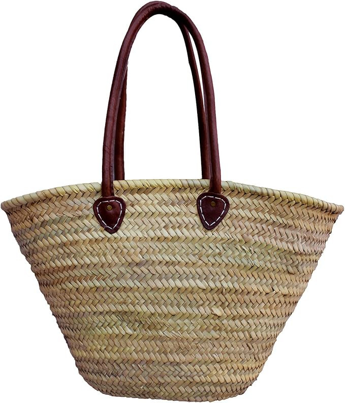 Straw bag French Basket Handle long - size Medium- leather french market basket, Beach Bag Handma... | Amazon (US)