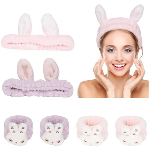 YISSION Bunny Ears Hairband Set, 6Pcs Face Wash Headbands and Wristbands for Women Girls Spa Skincare Makeup, Purple Pink | Amazon (US)