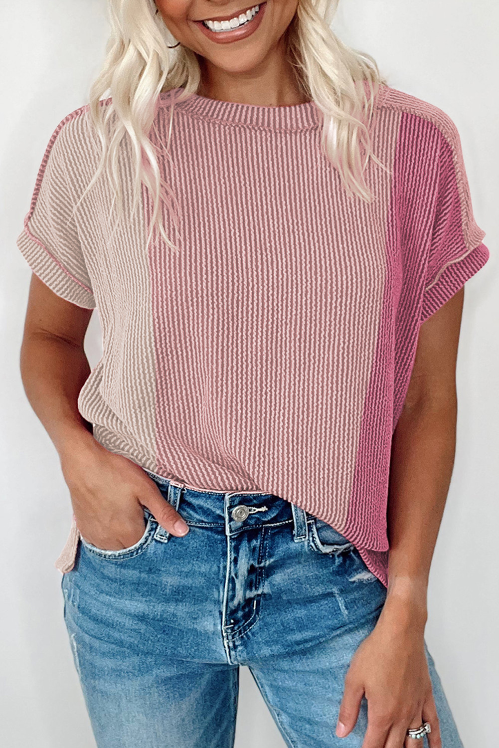 Pink Textured Colorblock Round Neck T Shirt | Shewin