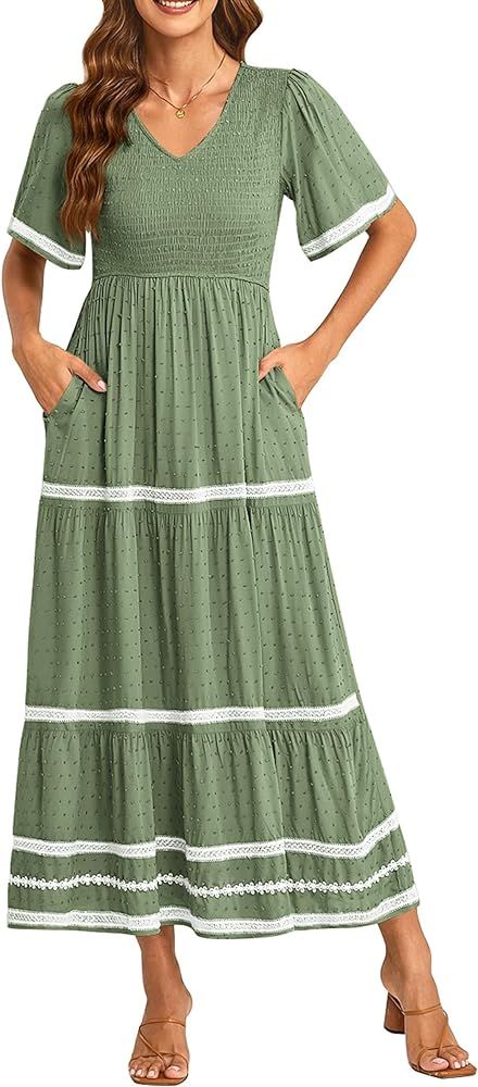 PRETTYGARDEN Womens Casual Summer Maxi Dress Short Sleeve Swiss Dot V Neck Smocked Long Flowy Bea... | Amazon (US)